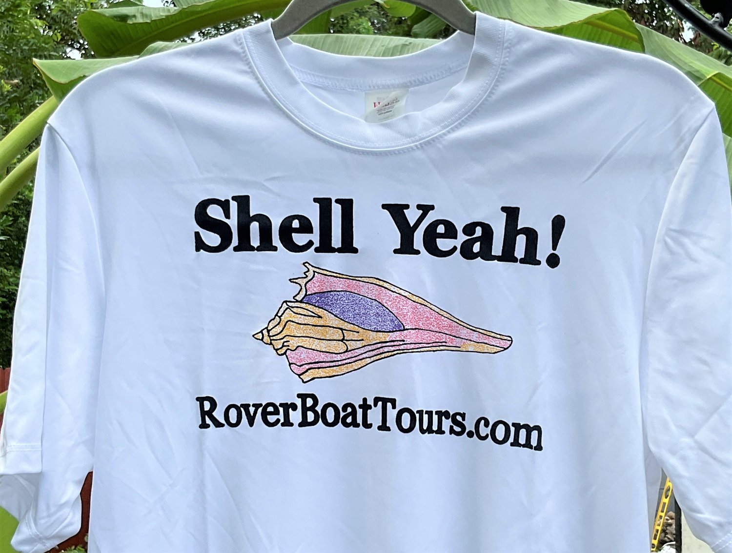 White short sleeve Cool Dri T-shirt w/ RoverBoatTours on front & Shell  Yeah! on back — Rover Boat Tours